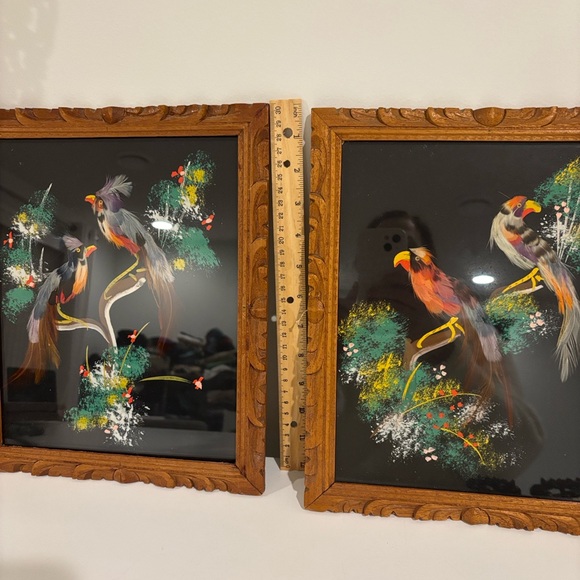 Vintage Mexican feather art bird paintings carved wood frames SET OF TWO 12X10 - Picture 14 of 14